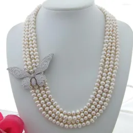 Chains Handmade 4strands 6-7mm White Freshwater Pearl Micro Inlay Zircon Butterfly Flower Accessories Sweater Necklace Long 50-58cm