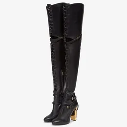 New Black genuine leather high heels boots Round Head Strap Over Thigh-High Boots metal hollowed out carved heel Motorcycle boots sexy side zipper Fashion Boots