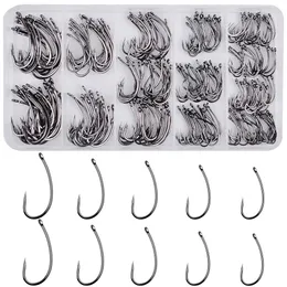 Angelhaken 230pcs/Box Barbless Carp Fishing Hooks Kit Non Barb Curve Shank Fishhook für Haarflügel Karpfenfischerei Tackle Box 230816