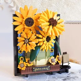 Blocks Creative Van Gogh Sunflower Potted Bouquet 3D Model Building Blocks Sun Flower Picture Frame Home Decoration Brick Toy Girl Gift R230817