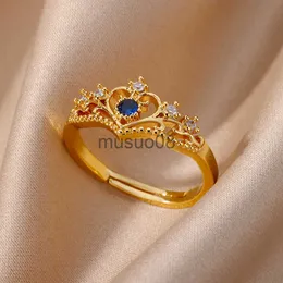 Band Rings Blue Zircon Crown Rings For Women Stainless Steel Adjustable Crown Ring 2023 Trend Design Female Wedding Jewerly Free Shipping J230817