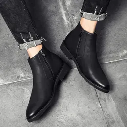 Bot moda chelsea botlar erkek yumuşak deri ayak bileği botlar İngiliz tarzı erkek botları marka ayakkabı siyah A235 230816