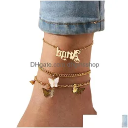 Неклеты мода Mtilayer милая бабочка для женщин Bohemian Simple Anklet Gold Color Drop Delief Delivery Dhgjw