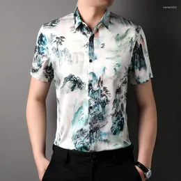 Herren lässige Hemden Herren Kurzarm Sommerlandschaftshand Shirt Jungen hochwertiger Knopf Faux Seiden Chinesische Stil Plus Größe 3xl