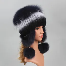 Trapper Hats Winter Hast for Women Real Rex Rabbit Fur Elastic Knitted Cap와 Fox Fur Fall Bonnets 여자 비니 모자이 귀 보호기 230817