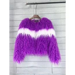 New Winter Coat Women Contrast Color Faux Mongolia Sheep Fur Coat European Fashion Fluffy Fake Fur Jacket Cardigan