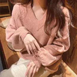 女性の秋と冬のレイダウンレイダウントップボトムレイジースタイルのデザインのための新しいピンクのvneckセーター小さな人気