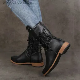 Boots Woman Mid العجل أحذية النساء الدانتيل حتى الكعب المنخفض الإناث Zip Footies Leather Leather Boots Short Women's Shoes بالإضافة إلى حجم 43 T230817