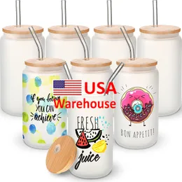 USA Warehouse 16oz Glass Sublimation tumplars with Bamboo Lid من السهل تسامي الفراغات DIY لأكواب القهوة المثلجة Warehouse