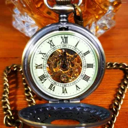 포켓 시계 빈티지 브론즈 골드 골격 남성에 대한 시계 시계 로마 번호 화이트 다이얼 탑 FOB 캐주얼 스틸 스트랩 시계