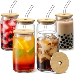 US CA STOCK 16OZ Mugs Sublimation Glass Beer Mugs with Bamboo Lid Straw Tumblers DIY Blanks Frosted Clear Can Cups Heat Transfer Cocktail Cups Tumbler G0818