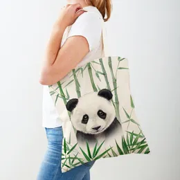 Shoppingväskor panda apa giraff tiger tropisk blad växt tote för lady handväska shopper väska tecknad djur duk kvinnor