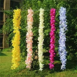 Dekorative Blumen 170 cm langer künstlicher Wisteria Lila Vine Seidenkirschblüten Bogen Dekor Blätter hängende Girlande Grün C283 0523