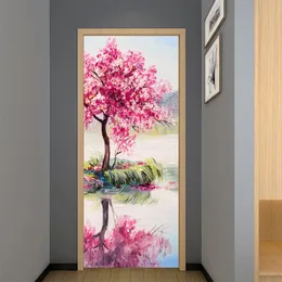 Wall Stickers Spring Flowers Door Sticker Pink Cherry Tree Decal Removable Beautiful Natural Floral Mural Poster Wallpaper Bedroom Decor 230817