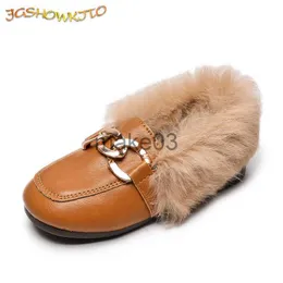 Sneakers JGSHOWKITO Kids Leather Shoes 2023 Autumn Winter Girls Flats With Thick Cotton Warm Children Boy Black Loafers Fashion Hairy Fur J230818