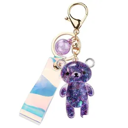 Keychains Lanyards Fashion Glitter Bear Quicksand Acrylic Key Backpack Pendant Couples Women Men Boyfriend Friend Keychain Gift Drop Dhy8W