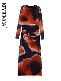 Vestidos casuais básicos kpytomoa feminina moda com tule midi vestido de tule imprimido vintage manga longa zíper lateral feminino vestidos mujer 230817
