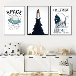 Space Rocket Canvas Painting Wall Art Cartoon Planet Posters Astronaut Print Painting Nursery Prints Nordic Wall Pictures Kids Bedroom Living Room Decor Wo6