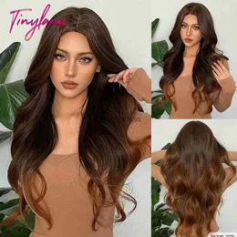 Syntetiska peruker Long Brown Golden Curly Wave Middle Part Wigs For Women Afro Chocolate Brown Cosplay Daily Synthetic Hair Wigs Heat Resistant HKD230818