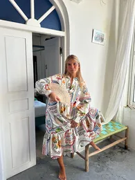基本的なカジュアルドレス印刷されたホリデーフリル裾のドレスのオンセックルーズハイウエストビーチパーティーミディド​​レス女性2023カラフルな長袖ローブ230817
