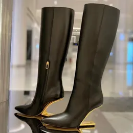 and winter women's fashion pointed high heels high Zip boots knee-high riding boots Gold metal carved heel Luxury fashion elegant designer brand shoes factory shoes