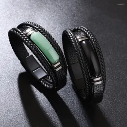 Strand Male Punk Leather Bracelet Green Dongling Natural Stone Hand Woven Stainless Steel PU Bangle For Men Accessories