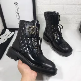 Women Luxury Designers Ankle Boots Half Boots Black Calfskin Quality Flat Lace up Shoes Adjustable Zipper Opening Motorcycle Boots 01