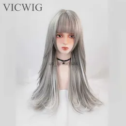 Parrucche sintetiche Vicwig Wig Synthetic Lady Long Grey che evidenzia la parrucca dritta con frangia per donne Rose Rose resistente al calore HKD230818