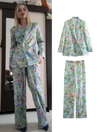 Womens Two Piece Pants Suit Sets Woman 2 Pieces Fashion Floral Print Office Blazer Coat Ladies Set Spring Women Suits 230818