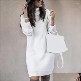 Women'S Sweaters Womens Women Solid Color Turtleneck Long Sleeve Casual Loose Knitted Sweater Dress Warm Autumn Drop Delivery Appare Dhdbg