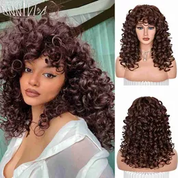 Synthetic Wigs Red Brown Curly wigs with Bangs Natural Synthetic Long Wavy Wigs for Women Afro Cosplay Daily Heat Resistant Hair Wig Annivia HKD230818