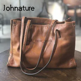 Totes Johnature Genuine Leather Tote Bag Women Autumn Winter 2022 New Fashion Large Capacity Commuter Real Cowhide Shoulder Bags HKD230818