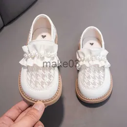 Tênis meninas sapatos casuais malha plissada bege pérolas moda crianças mary janes para casamento redondtoe 2023 jovens de crianças slipon simples j230818