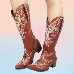 Обувь обувь Aospiraylian вышивка шить цветочные западные ковбойские ботинки для женщин 2023 Retro Vintage Mid Colf Women Women 230816