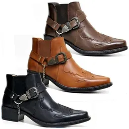 Safety Shoes Fashion Men's Vintage Cowboy Boots Leather High Top Chain Buckle Strap Punk Pointed Toe Biker Men 230816
