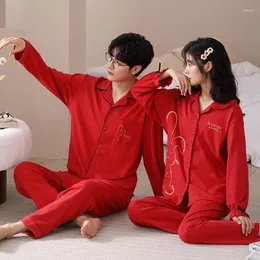 Men's Sleepwear Couples Cotton Red For Happy Festive Autumn Spring Homewear Men Long Pajamas Women Cardigan Nightwear Lyweds Pijama