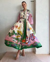 Basic Casual Kleider Polo Hals gedruckt Vintage Langkleid Prinzessin Ärmel Schnürung Big Saum lose Vestidos Mode Frauen Elegant Robe 230817