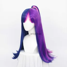 Syntetiska peruker Twilight Sparkle Straight Purple Blue Pink Mixed Long Synthetic Hair Cosplay Wig Wig With Chip Ponytail + Free A Wig Cap HKD230818