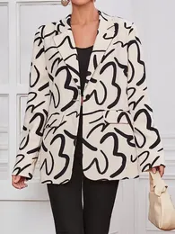 여성 재킷 패턴 편지 인쇄 재킷 여성 가을 ​​긴 소매 카디건 코트 여성 패션 라펠 캐주얼 느슨한 대형 블레이저 아웃복 230818