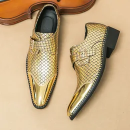 Dress Shoes Gold Shoes for Men Wedding Loafers Pointed Toe Fish Scale Pattern Buckle Strap Silver Shoes Men with Size 39-45 230817