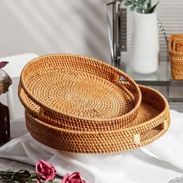 Food Storage Organization Sets Wicker Fruit Tray Round Rattan Basket With Wooden Handle Bread Cake Plate Serving for Home 230817