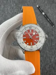 Klassisk herrklocka orange uppringning medurs pekare unik stor natt glöddesign automatisk mekanisk maskin cirkulär keramisk ring precision stål sportgummi