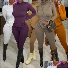 Women'S Tracksuits Tracksuit 2Pcs Women Set Turtleneck Top Sweatshirtaddjogger Skinny Pants Two Pieces Sets Clothing Suits Female Dr Dhtmp