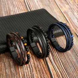 Charm Bracelets Punk Men Beads Leather Bracelet Classic Fashion Tiger Eye Beaded Multi Layer For Jewelry Gift Drop