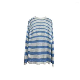 Kvinnors tröjor 2023 Autumn Blue and White Stripe Knitwear Loose Long Sleeve Fashion Sweater