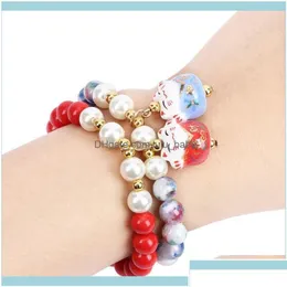 Beaded Bracelets Jewelrybeaded Strands Gift Obsidian Bracelet Lucky Cat Cute Women Natural Beads Ceramic Femela1 Drop Delivery 2021 Je Dhcyo