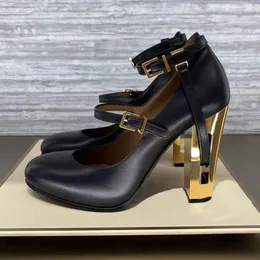 schwarze echte Leder High Heels Schuhschuhe Goldene Ausschnitte Metall geschnitzt Ferse Dove Grey Round Zehen klobige Absatzschuhe 100mm Luxusdesigner-Knöchelgurtpumpen