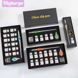 Fountain Pens HigherGo 3715 PCS 3D Flower Glass Pen Set Handmiterad kristalldopp med bläck för att rita kalligrafi barn gåvor Stationery 230818