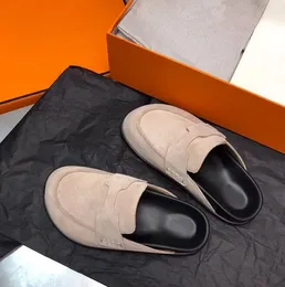 23 Desginer äkta läder kvinnors go mules loafers mocka hösten vinter casual skor halva flip flops på toffellägen toppkvalitet med box EU35-41 lyxskor