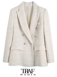 Kobiety damskie Blazers Traf Women Fashion Tweed podwójny płaszcz Blezer Blazer Vintage Long Rleeve Pockets żeńska odzież wierzchnia elegancka veste femme 230817